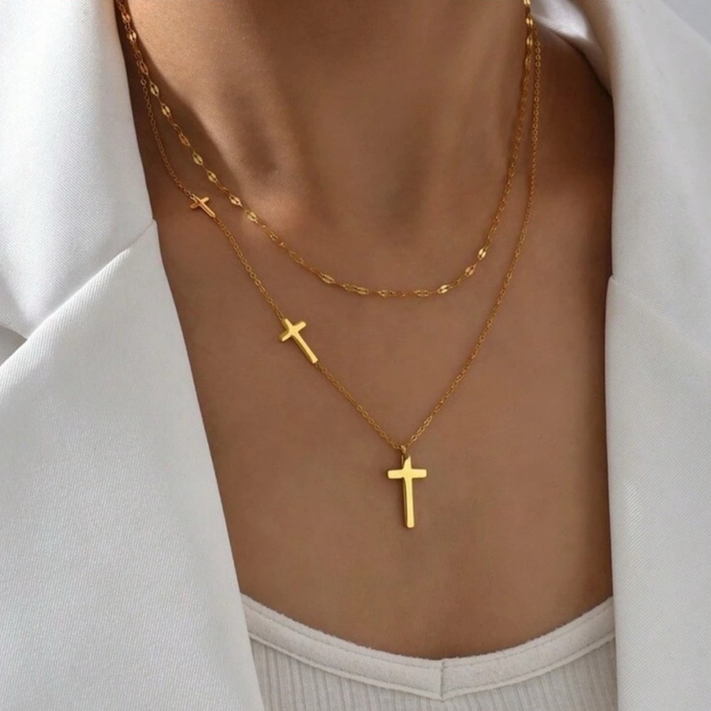 Gold Plated Stainless Steel Layered Gold Cross Necklace | Dainty Double Chain